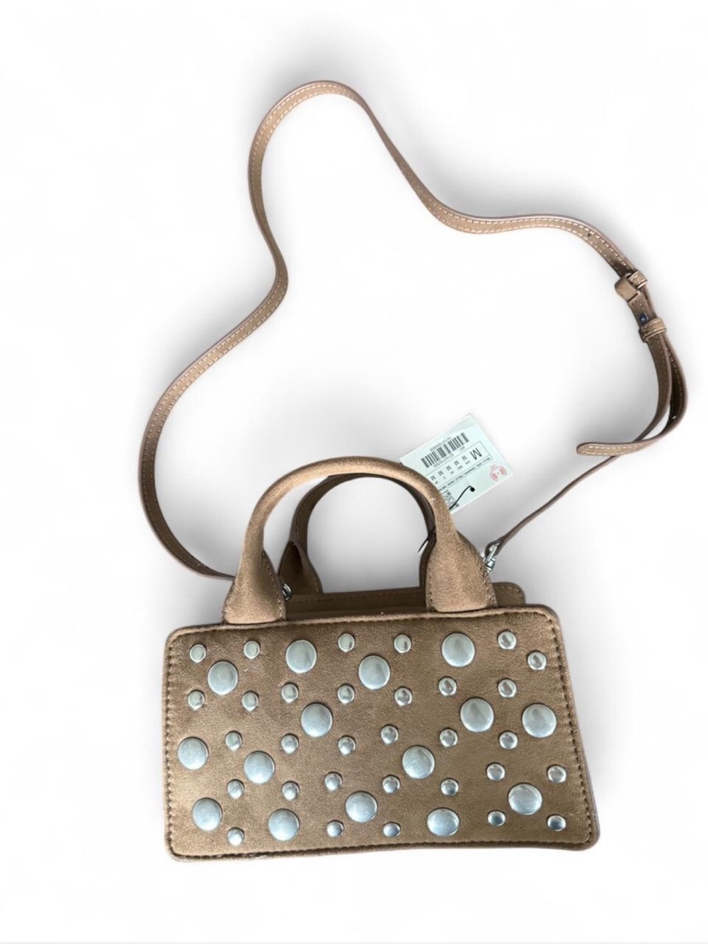 Zara Tan Suede Metallic Studded Crossbody Tote - Women